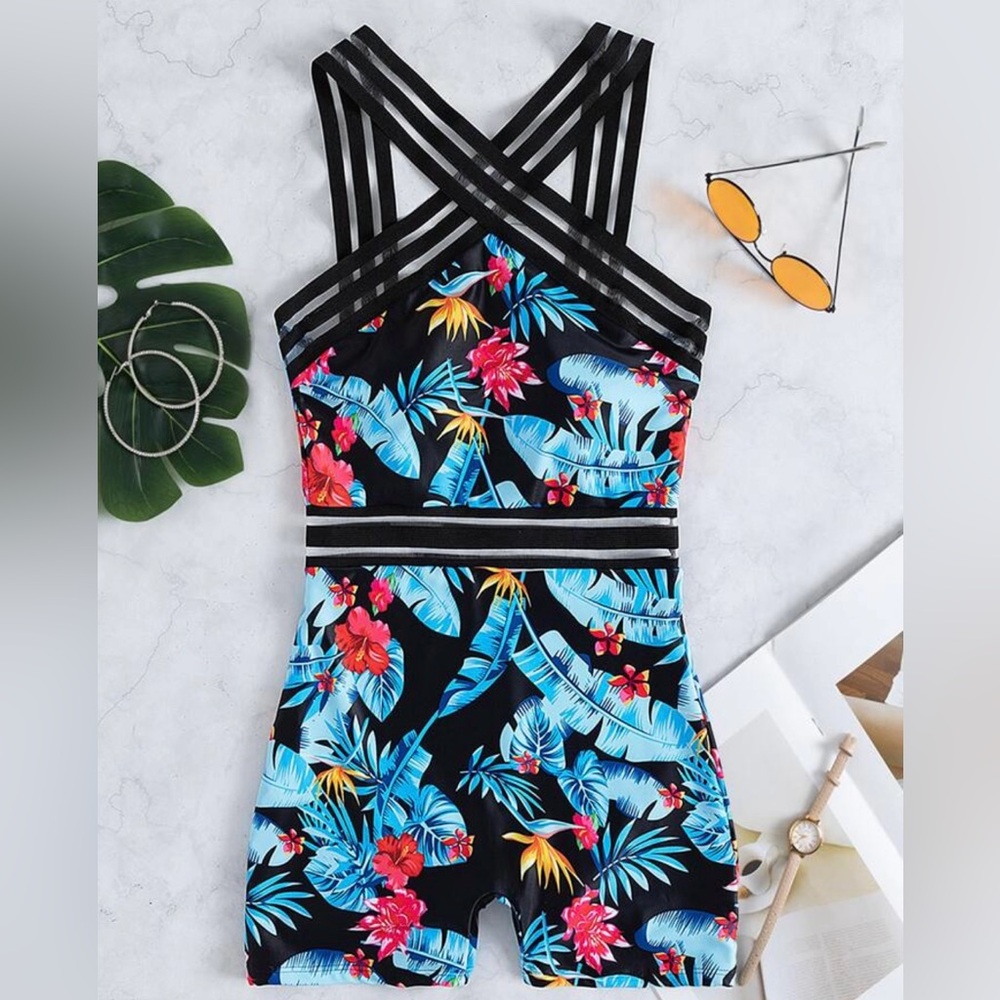 (New) Swim Floral & Tropical Print Contrast Mesh One Piece Swimsuit